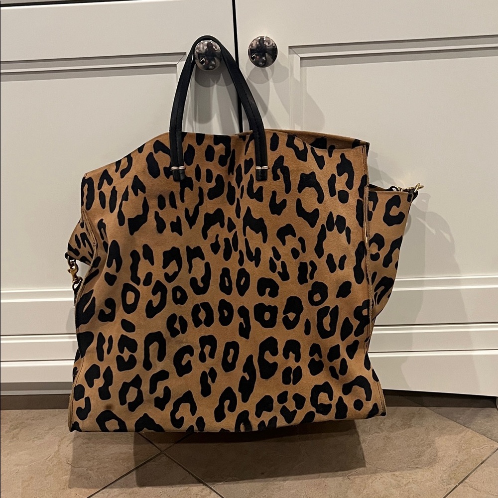Clare V. Leopard Print Crossbody/Bag with Leather Logo Patch - Black & Tan strap